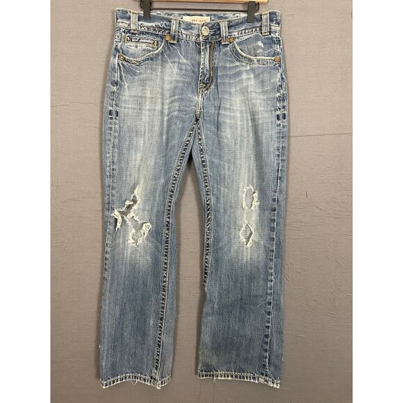MEK Denim Blue Jeans Grand Island Distressed Button Flap Pockets 32x32 - Picture 1 of 10